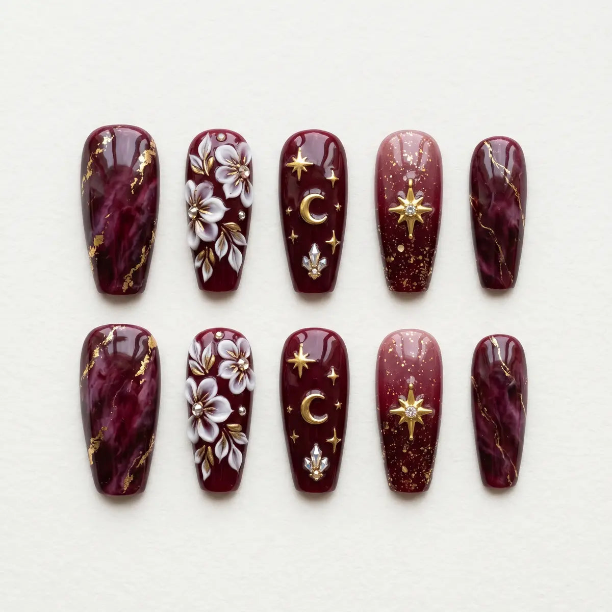 burgundy 3d coffin long press on nails white flower gold star moon mockup 01