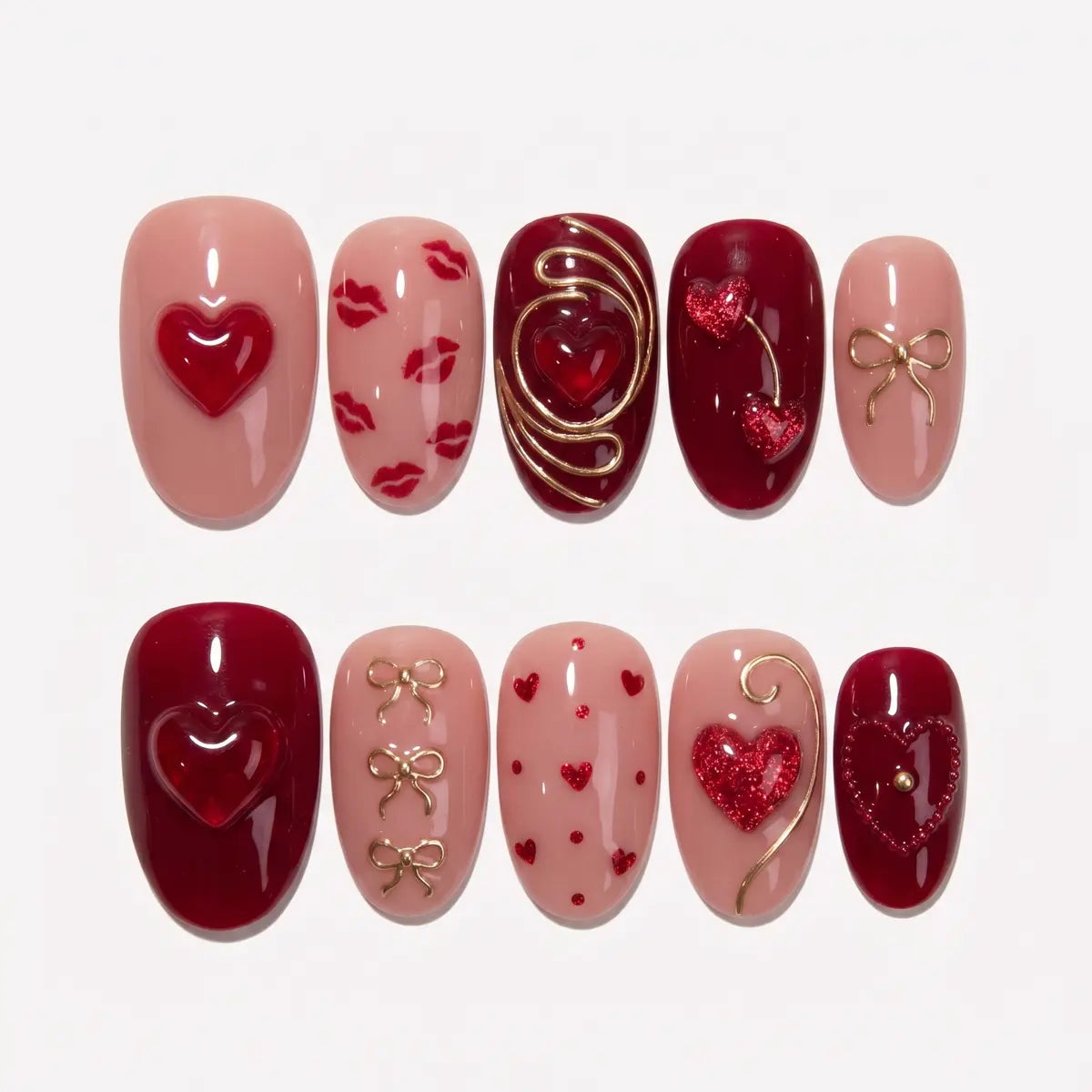 burgundy 3d oval press on nails jelly heart lip swirl bow flat lay 01