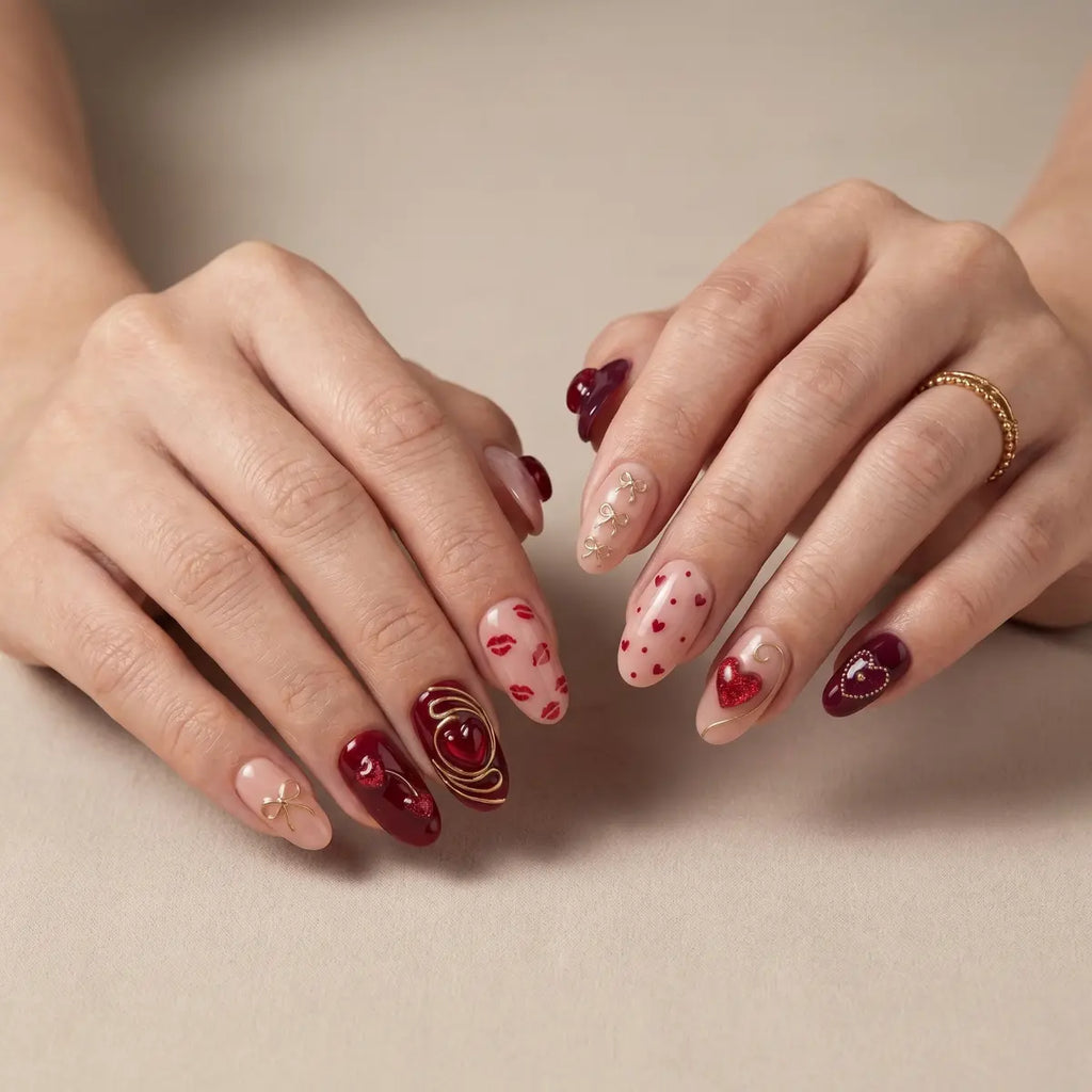burgundy 3d oval press on nails jelly heart lip swirl bow lifestyle 01