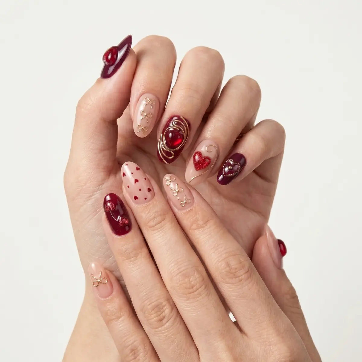 burgundy 3d oval press on nails jelly heart lip swirl bow mockup 01
