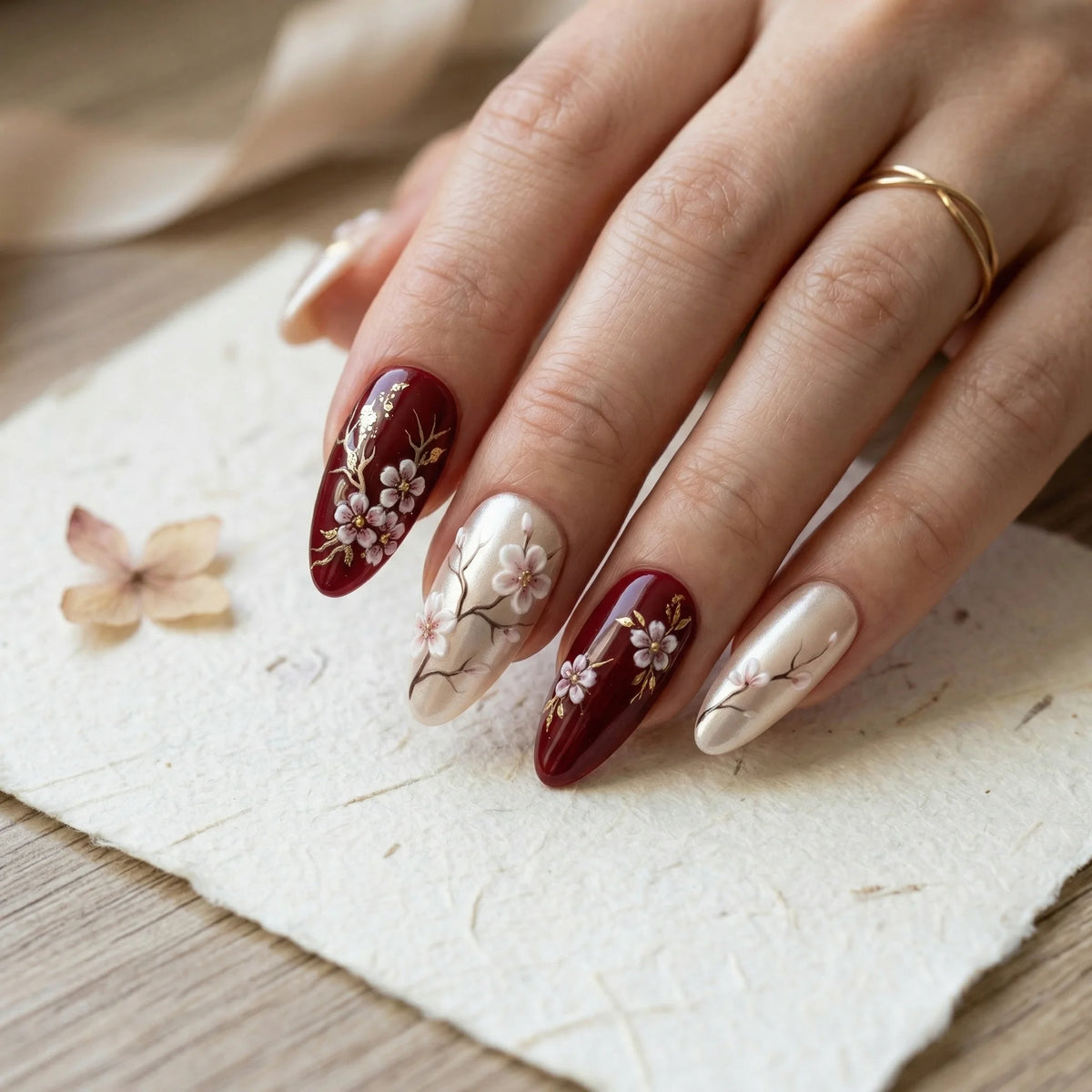 burgundy 3d stiletto medium press on nails sakura blossom lifestyle 02