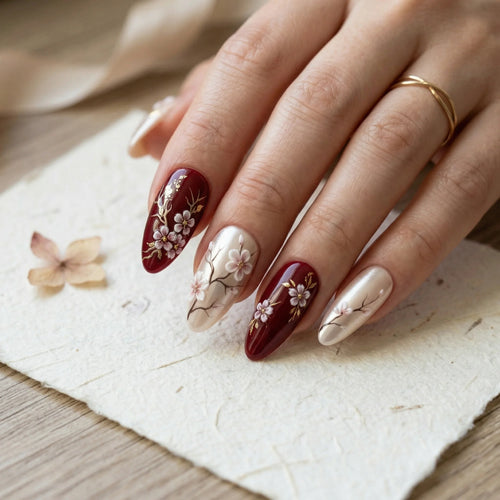 burgundy 3d stiletto medium press on nails sakura blossom lifestyle 02