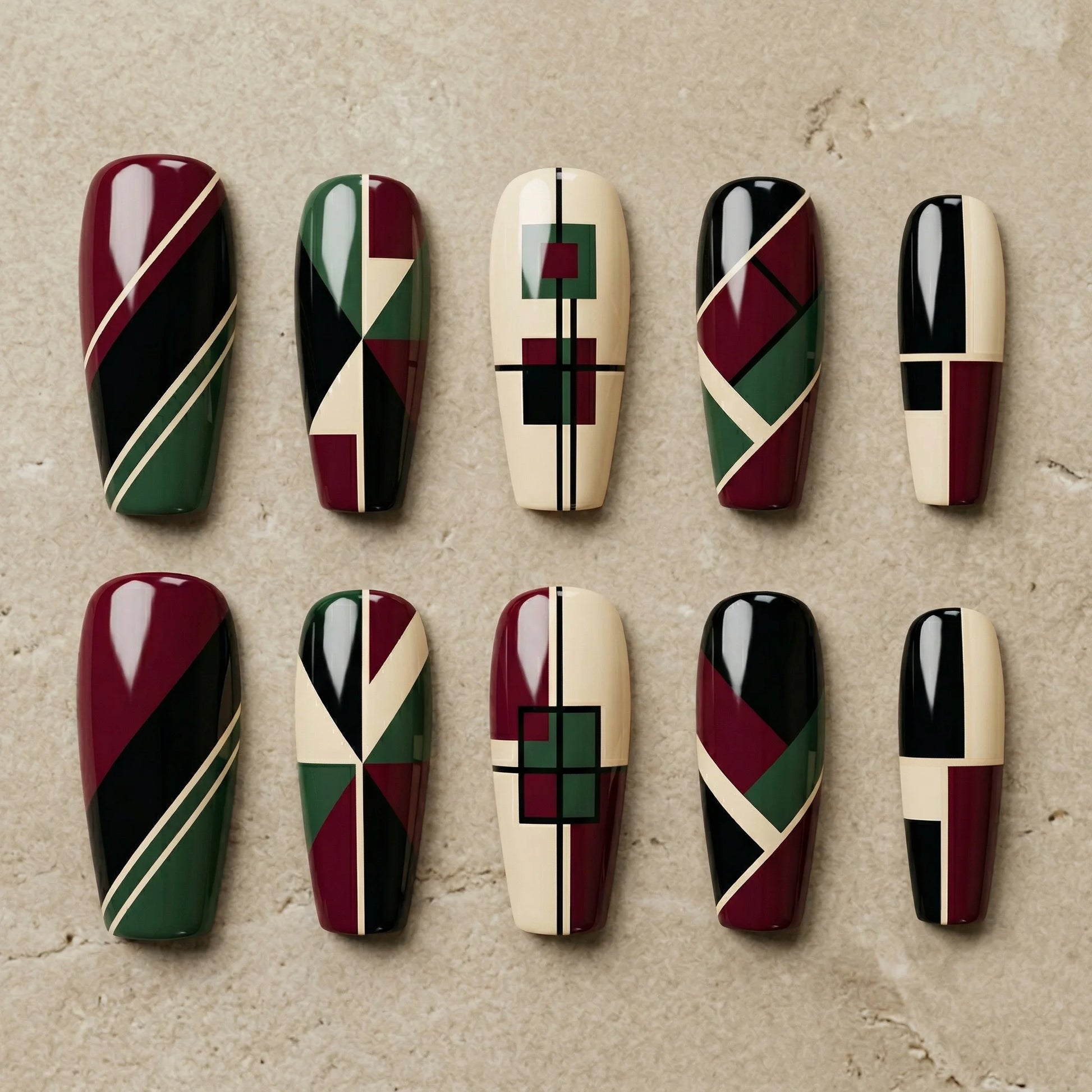 burgundy abstract coffin long press on nails geometric mockup 01