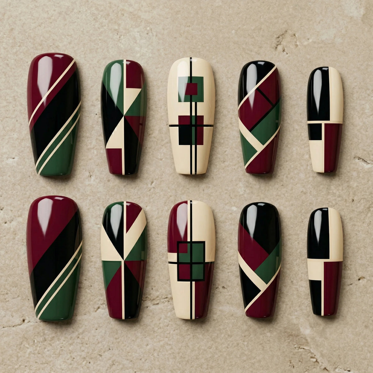 burgundy abstract coffin long press on nails geometric mockup 01