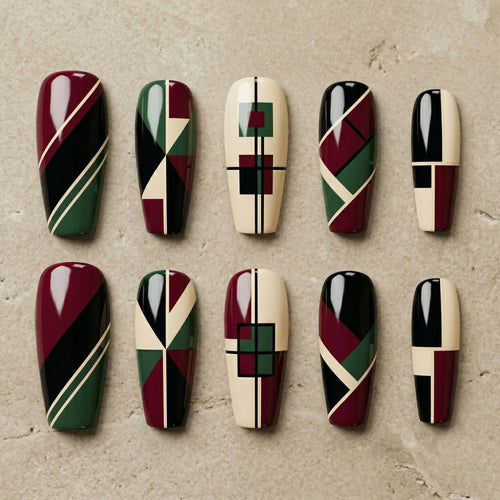 burgundy abstract coffin long press on nails geometric mockup 01