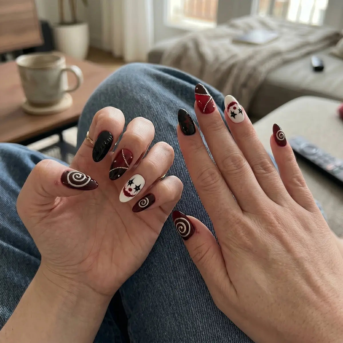 burgundy black 3d almond press on nails clown silver swirl detail 03