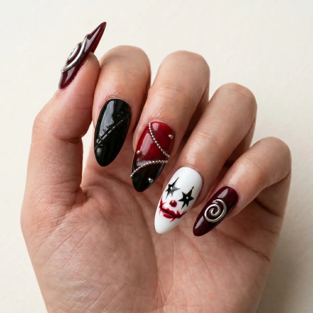 burgundy black 3d almond press on nails clown silver swirl lifestyle 02