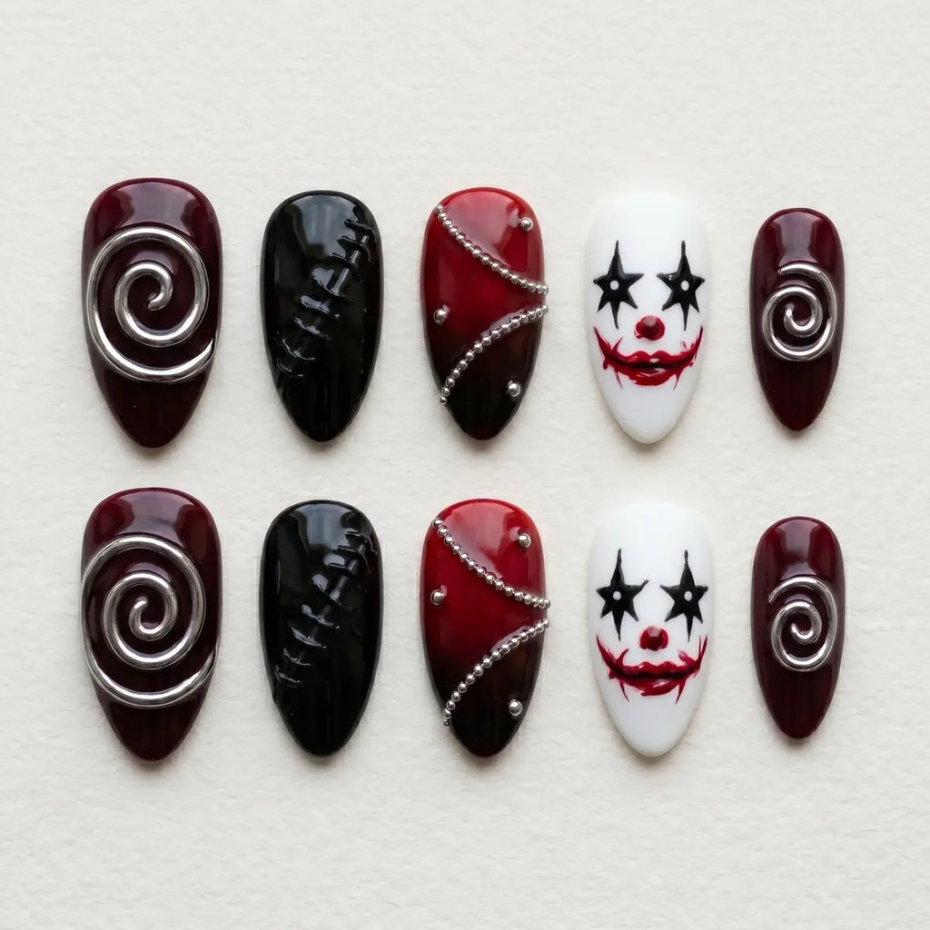 burgundy black 3d almond press on nails clown silver swirl mockup 01