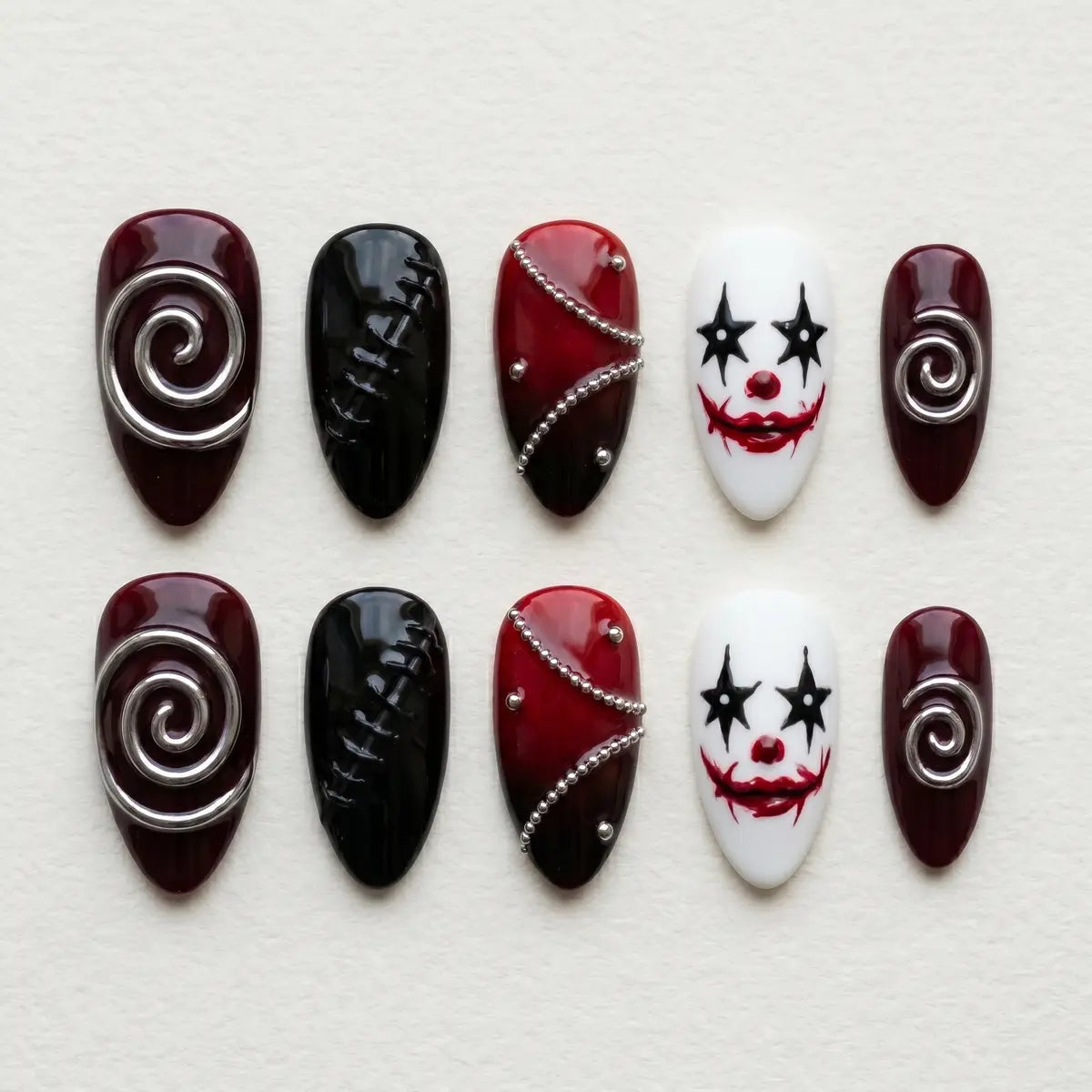 burgundy black 3d almond press on nails clown silver swirl mockup 01