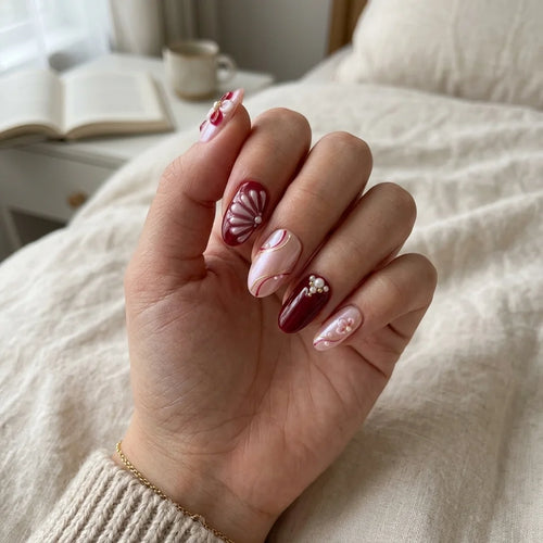 burgundy blush pink 3d hand painted almond press on nails flower seashell pearl cluster flat lay 03
