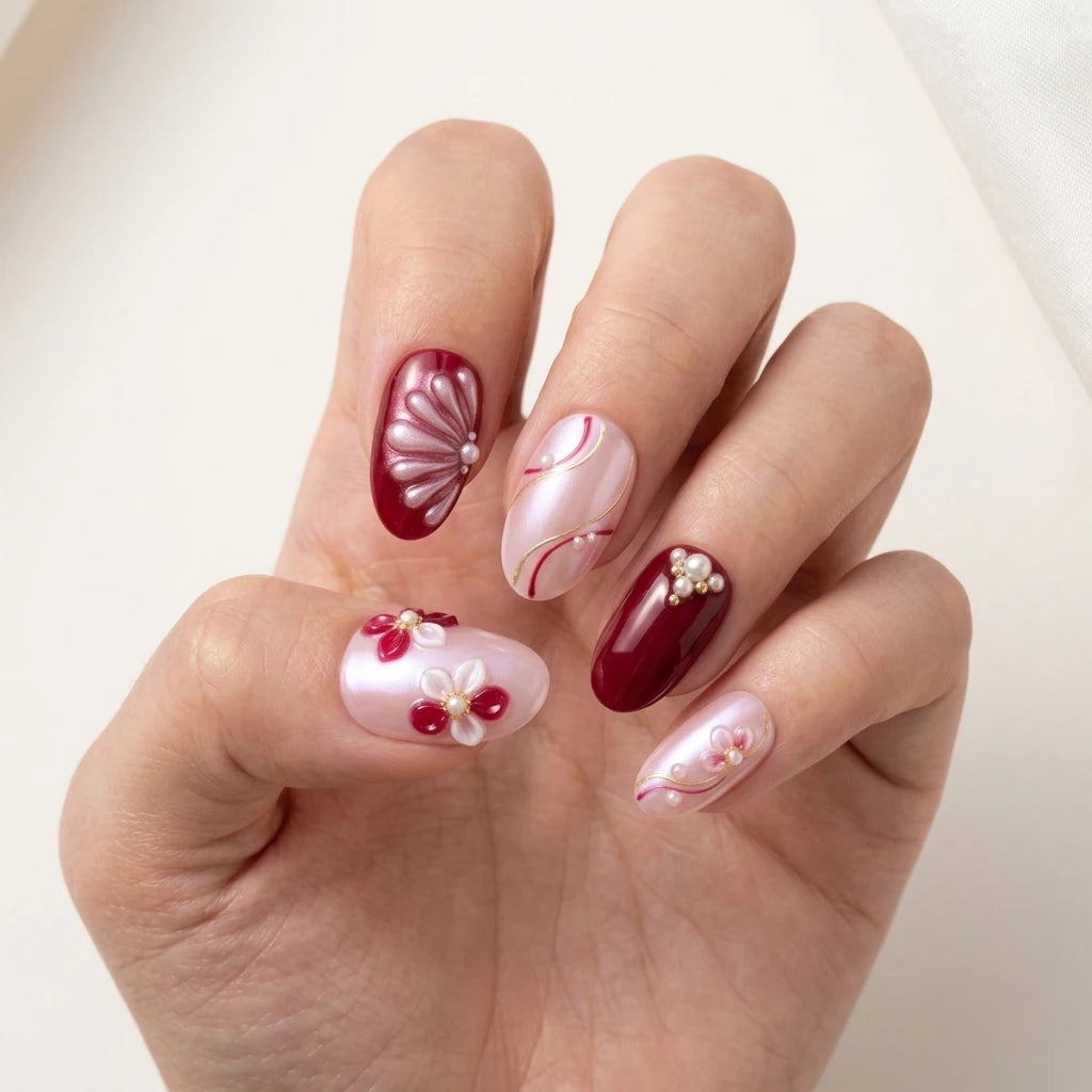burgundy blush pink 3d hand painted almond press on nails flower seashell pearl cluster lifestyle 02