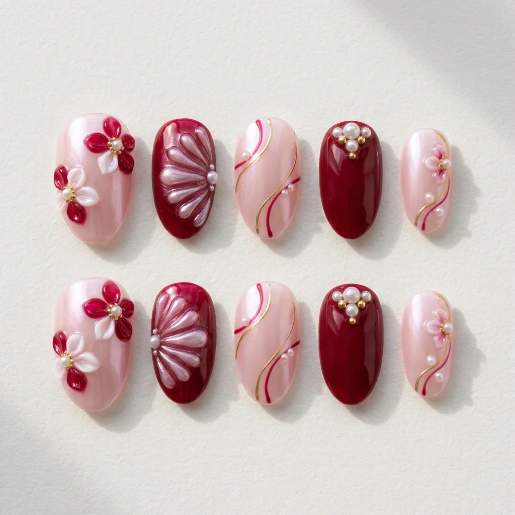 burgundy blush pink 3d hand painted almond press on nails flower seashell pearl cluster mockup 01
