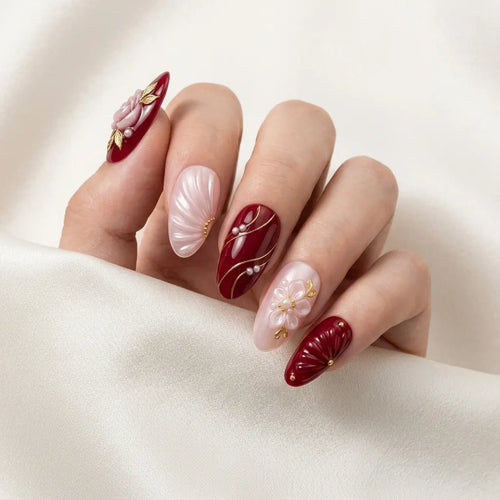 burgundy blush pink 3d hand painted almond press on nails flower seashell pearl flat lay 03