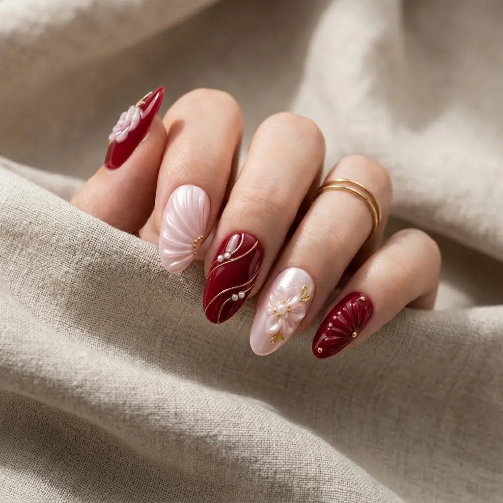 burgundy blush pink 3d hand painted almond press on nails flower seashell pearl lifestyle 02