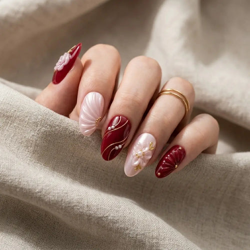 burgundy blush pink 3d hand painted almond press on nails flower seashell pearl lifestyle 02