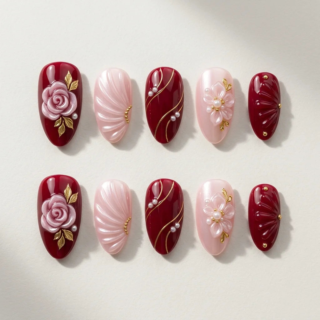 burgundy blush pink 3d hand painted almond press on nails flower seashell pearl mockup 01