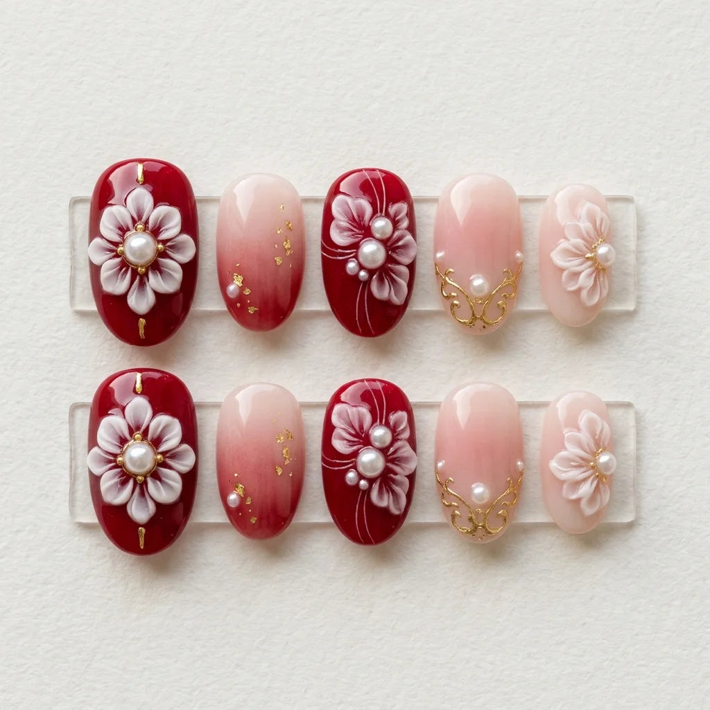 burgundy blush pink 3d ombre oval press on nails flower pearl gold swirl lifestyle 02