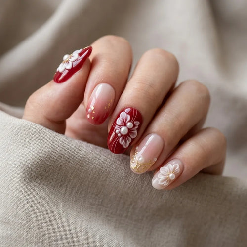 burgundy blush pink 3d ombre oval press on nails flower pearl gold swirl mockup 01