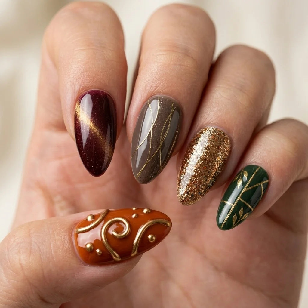 burgundy brown green 3d cat eye almond press on nails gold glitter swirl detail 01