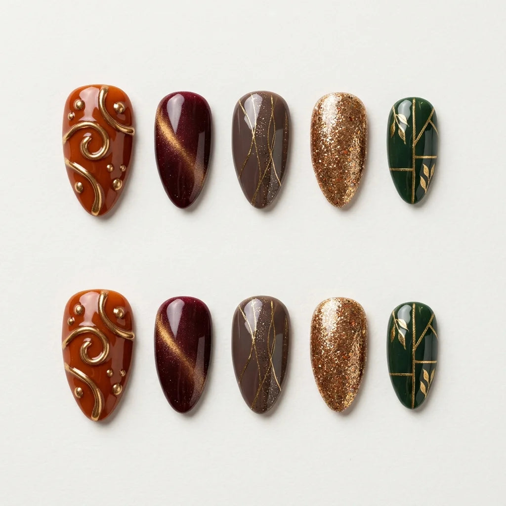 burgundy brown green 3d cat eye almond press on nails gold glitter swirl flat lay 01