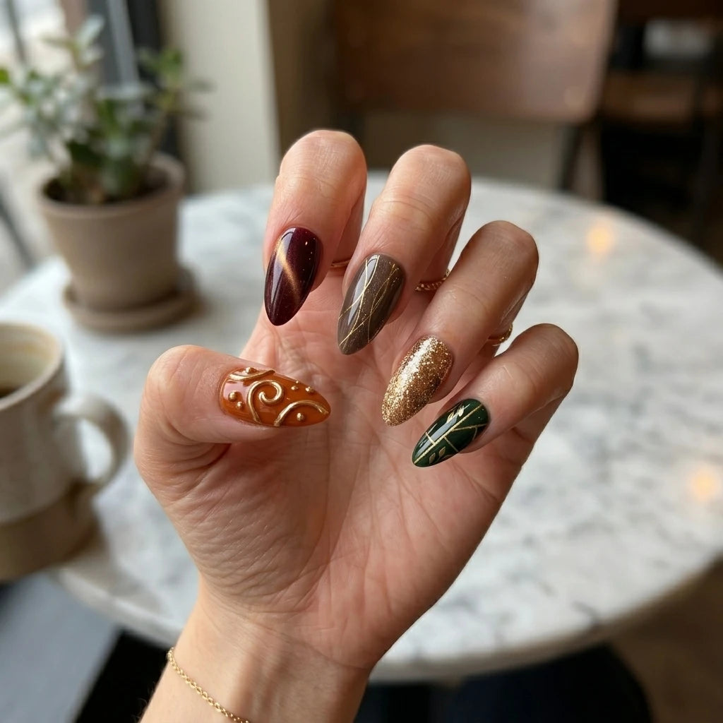 burgundy brown green 3d cat eye almond press on nails gold glitter swirl lifestyle 01