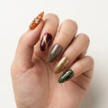 burgundy brown green 3d cat eye almond press on nails gold glitter swirl mockup 01