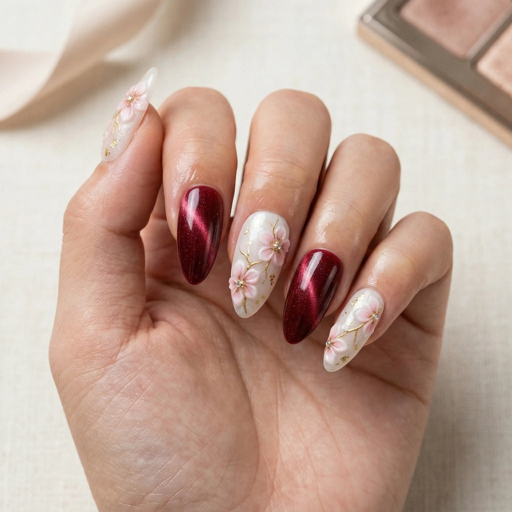 burgundy cat eye hand painted stiletto medium press on nails pink sakura lifestyle 02