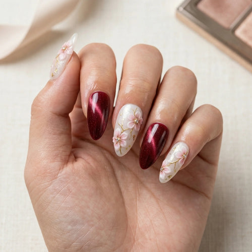 burgundy cat eye hand painted stiletto medium press on nails pink sakura lifestyle 02