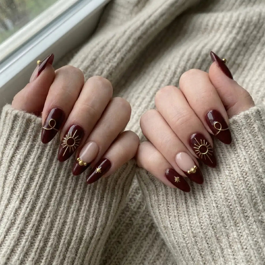 burgundy french tip almond press on nails gold celestial sun star lifestyle 02