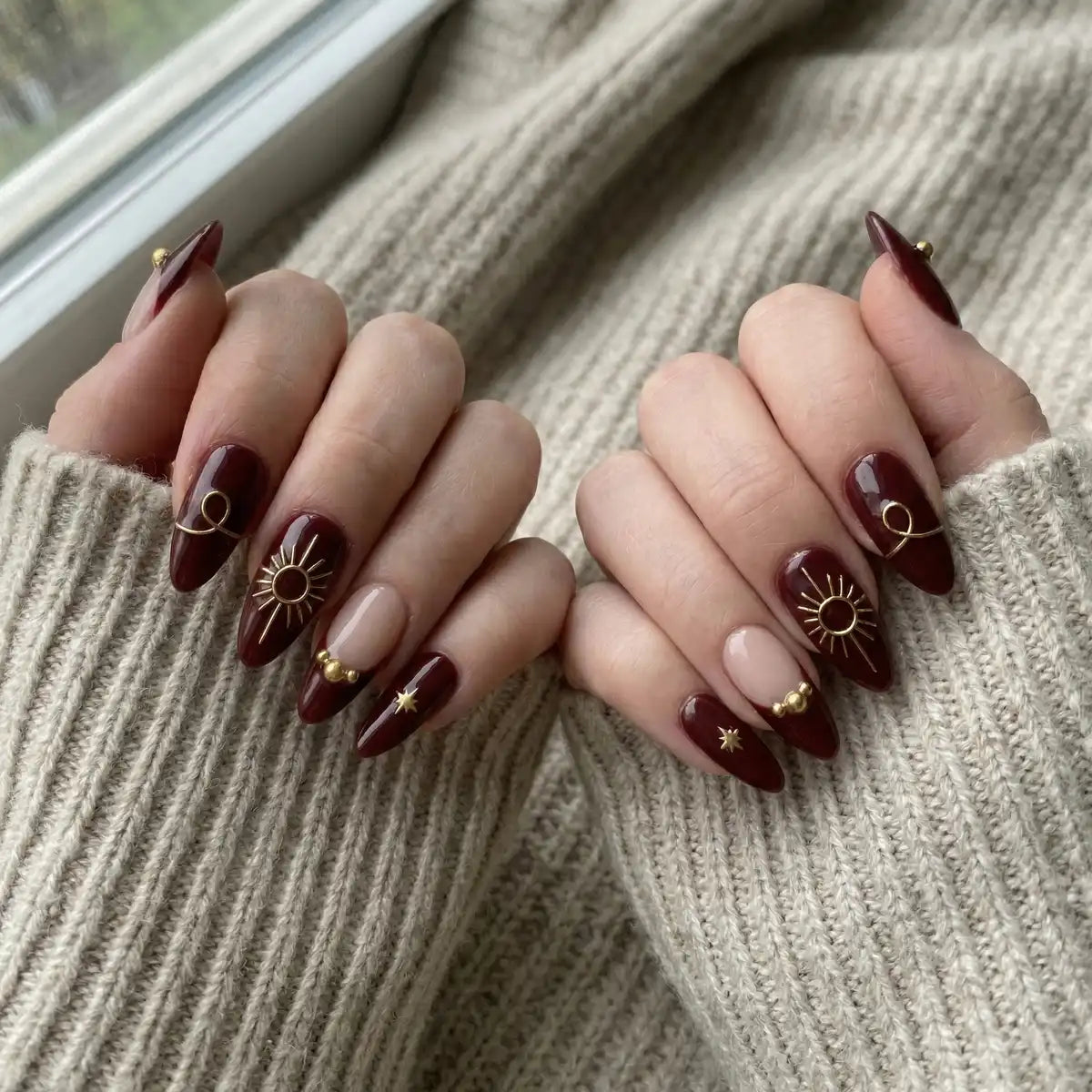 burgundy french tip almond press on nails gold celestial sun star lifestyle 02