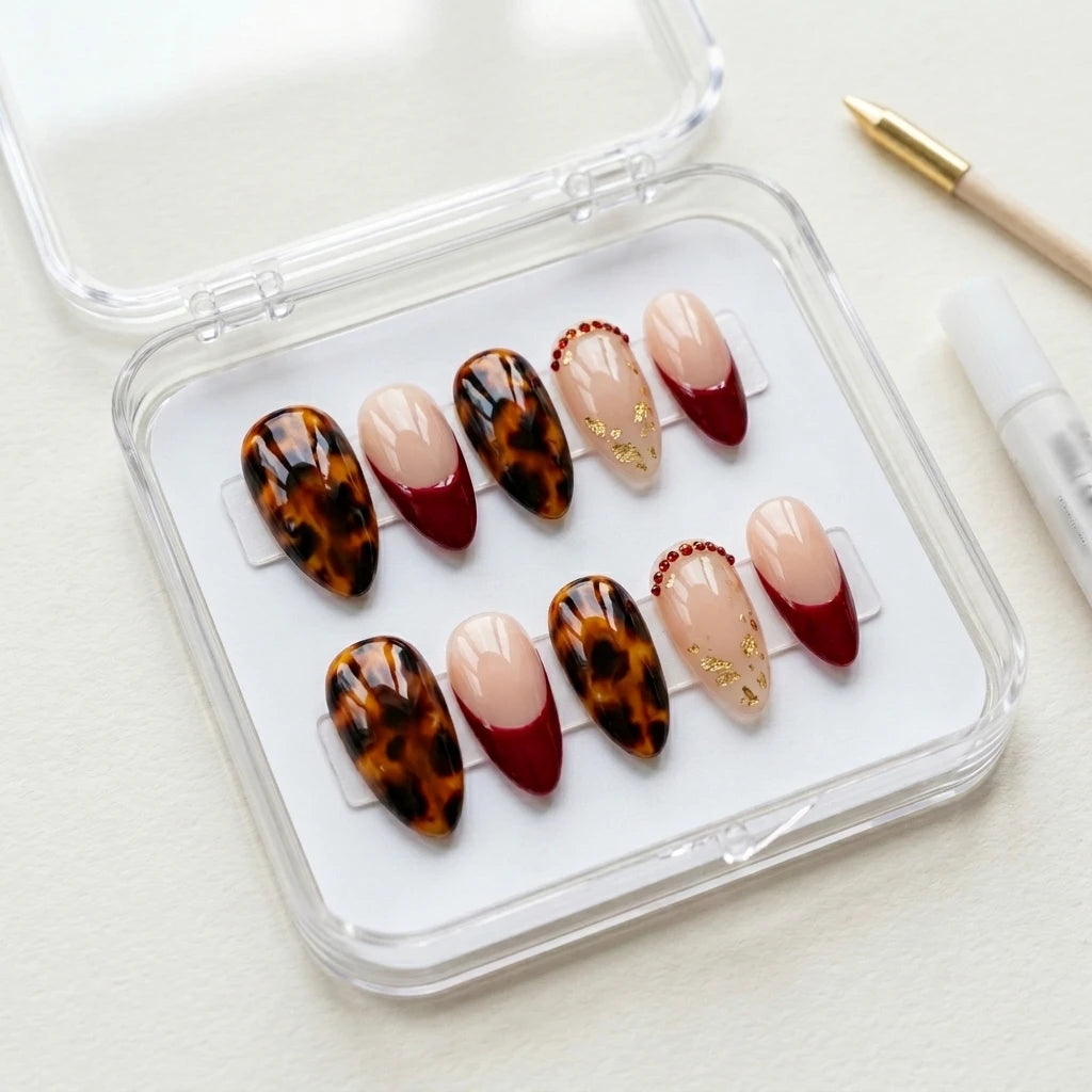 burgundy french tip almond press on nails tortoise shell gold flake flat lay 01