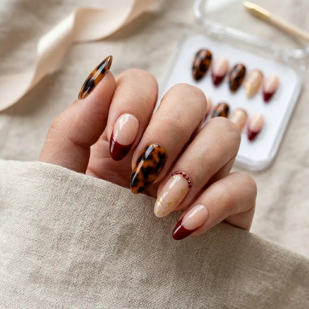 burgundy french tip almond press on nails tortoise shell gold flake mockup 01