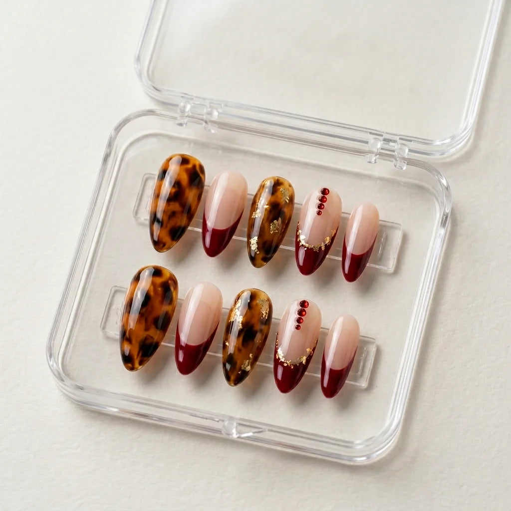 burgundy french tip almond press on nails tortoise shell gold foil lifestyle 01