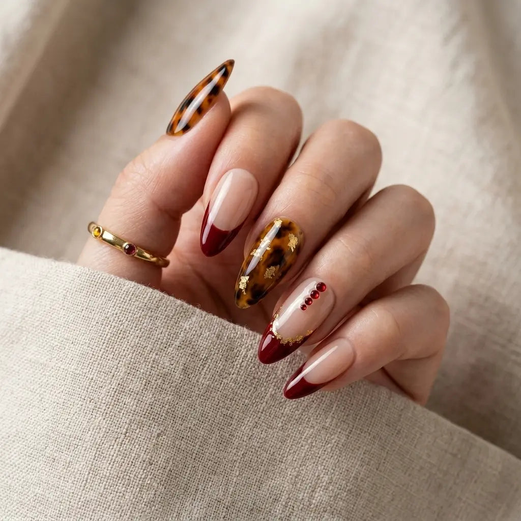 burgundy french tip almond press on nails tortoise shell gold foil mockup 01