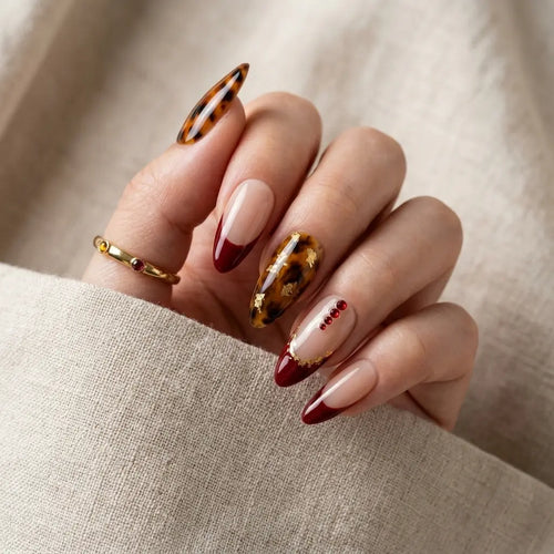 burgundy french tip almond press on nails tortoise shell gold foil mockup 01