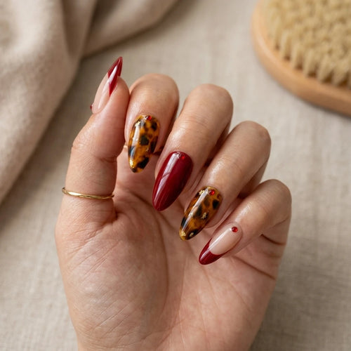 burgundy french tip almond press on nails tortoise shell red gemstone mockup 01
