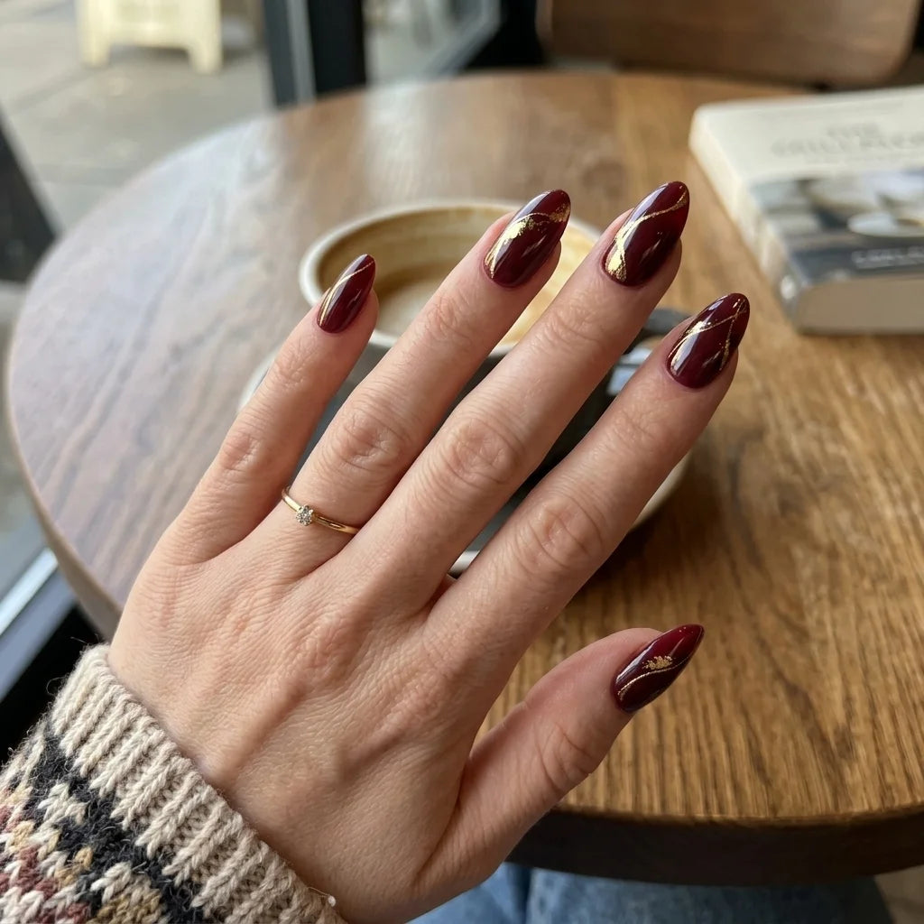 burgundy gold foil almond press on nails swirl detail 02