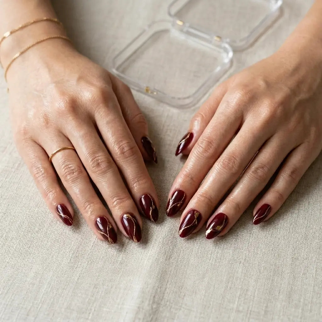 burgundy gold foil almond press on nails swirl detail 04
