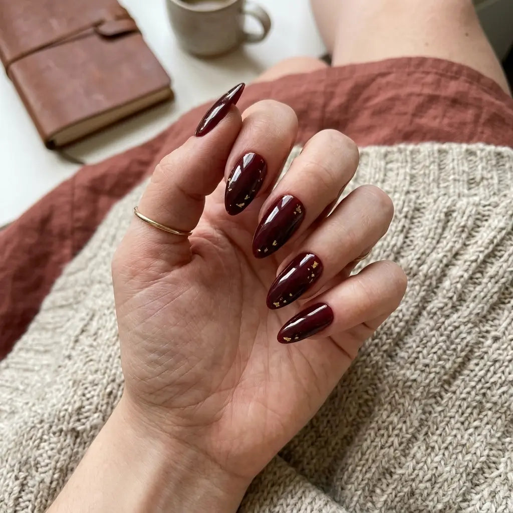 burgundy gold foil almond press on nails detail 02