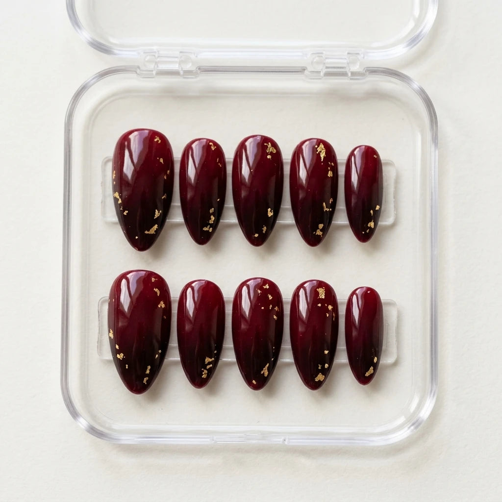 burgundy gold foil almond press on nails detail 03