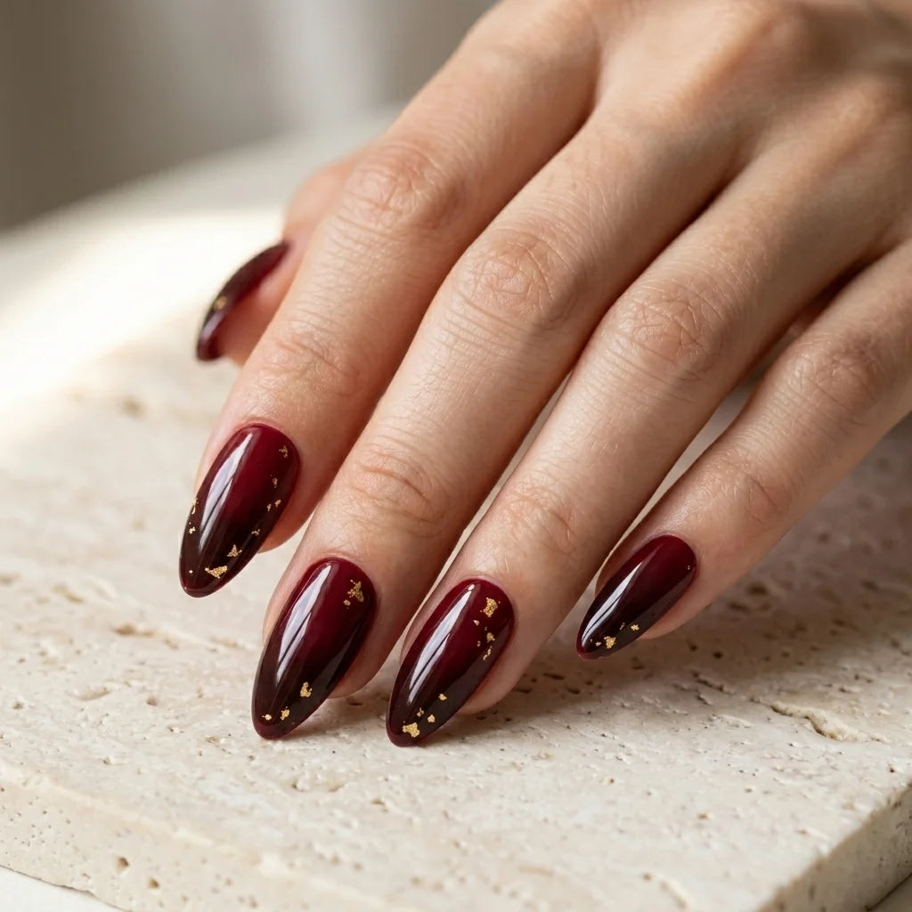 burgundy gold foil almond press on nails detail 04