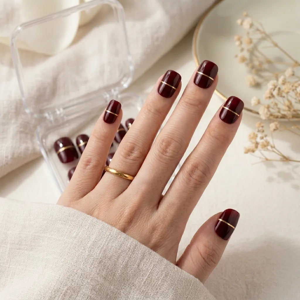 burgundy gold line square press on nails minimal stripe detail 01
