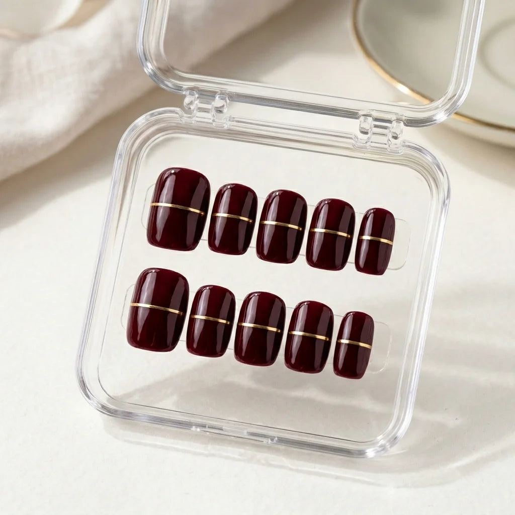 burgundy gold line square press on nails minimal stripe detail 02