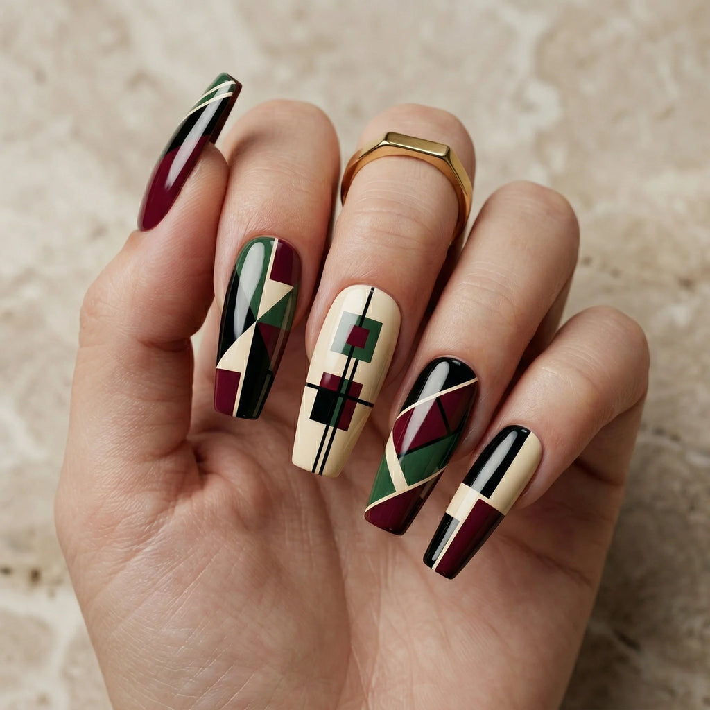 burgundy green beige geometric abstract coffin long press on nails mockup 02