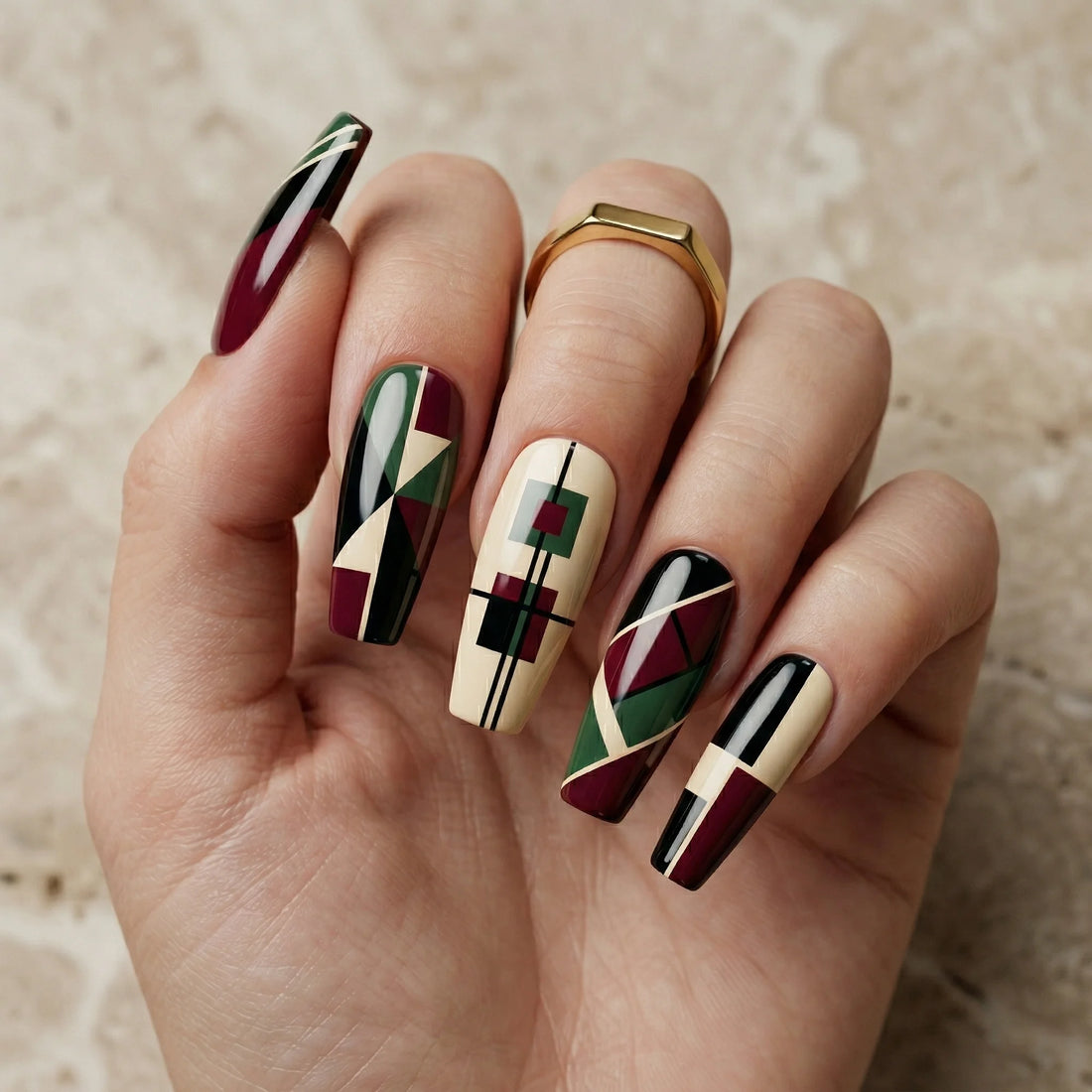 burgundy green beige geometric abstract coffin long press on nails mockup 02