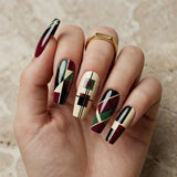 burgundy green beige geometric abstract coffin long press on nails mockup 02