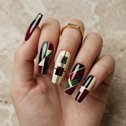 burgundy green beige geometric abstract coffin long press on nails mockup 02