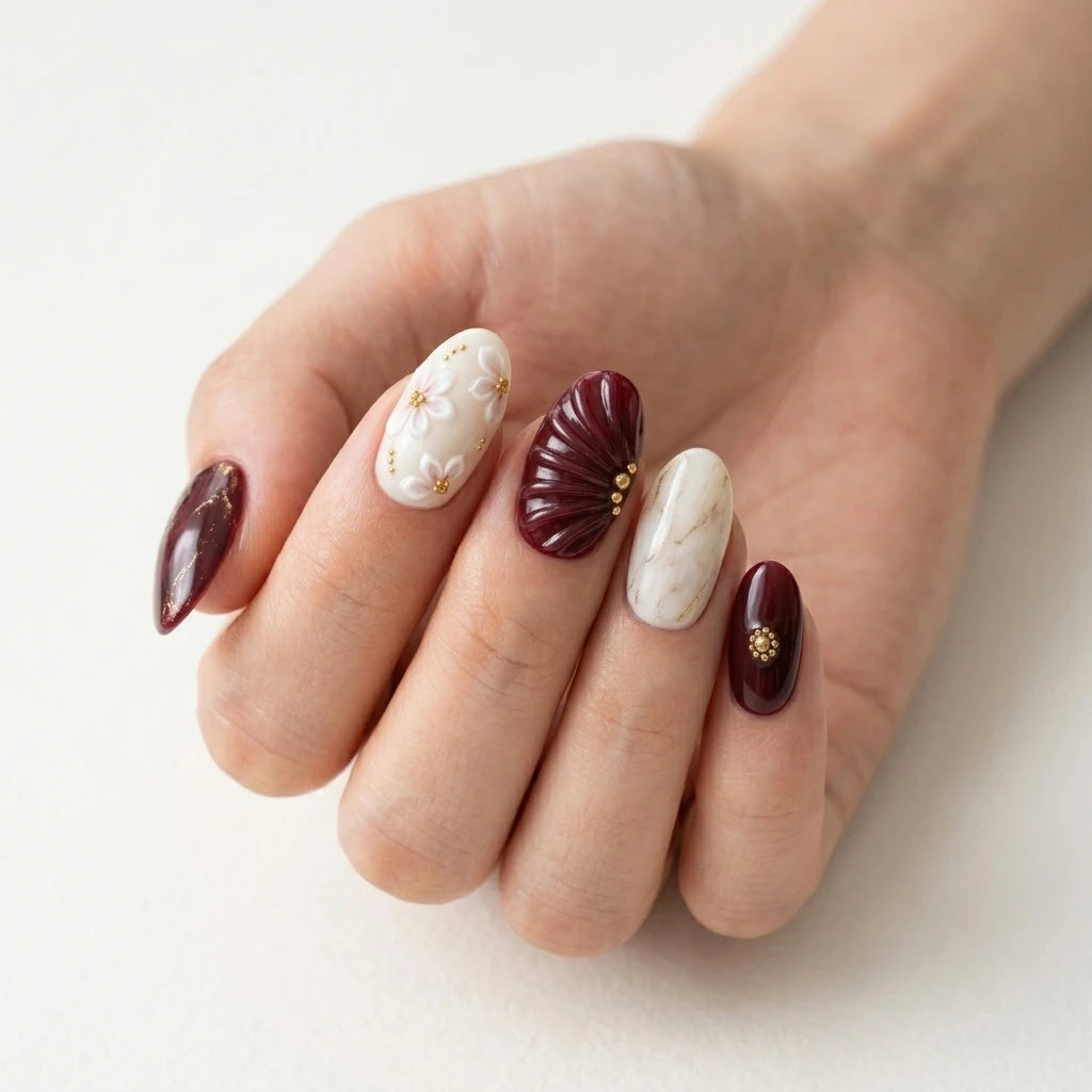 burgundy ivory 3d marble almond press on nails flower seashell gold flake flat lay 04