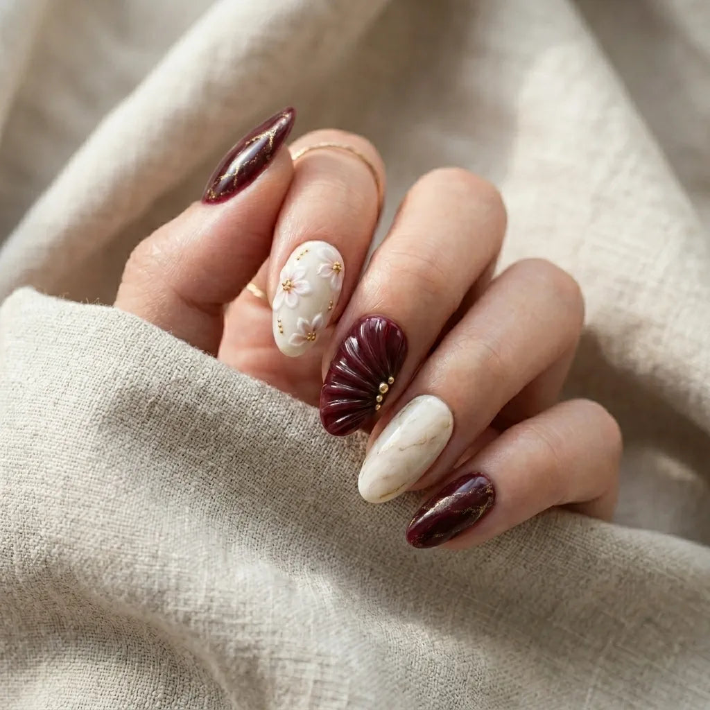 burgundy ivory 3d marble almond press on nails flower seashell gold flake lifestyle 02