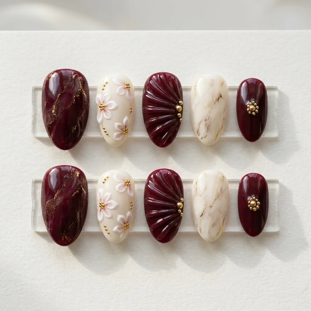 burgundy ivory 3d marble almond press on nails flower seashell gold flake mockup 01